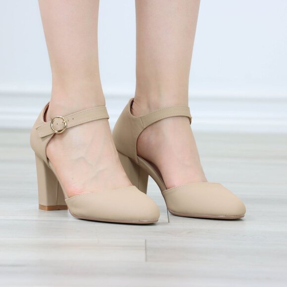 Beige High Heels Ankle Strap Almond Toe Block Classic Pumps Nubuck - Picture 12 of 12